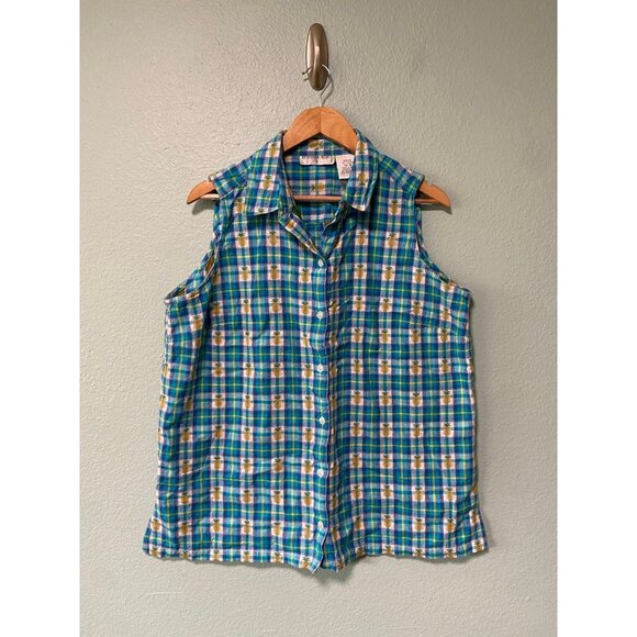 Vintage Katherine Bishop Women's Plus Size Pineapple Sleeveless Blue Top Size 1x - Picture 1 of 8